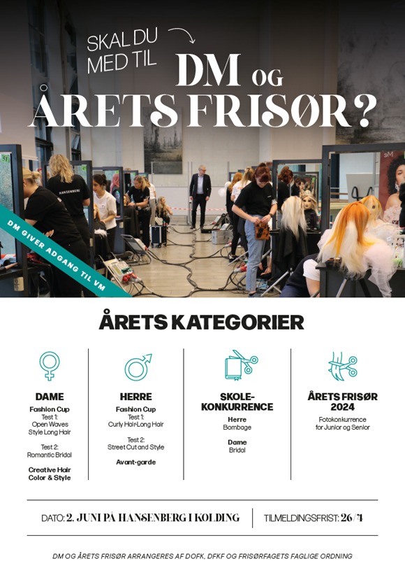 Flere frisører arbejder på række til en konkurrence. Dommer står for enden af rækken